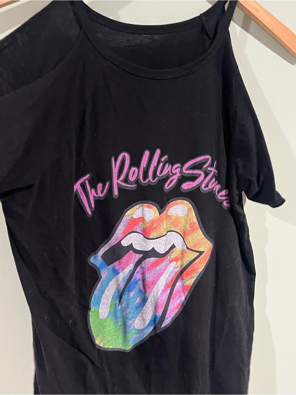 The Rolling Stones Black Tee with Multicolor Tie-Dye Tongue Graphic